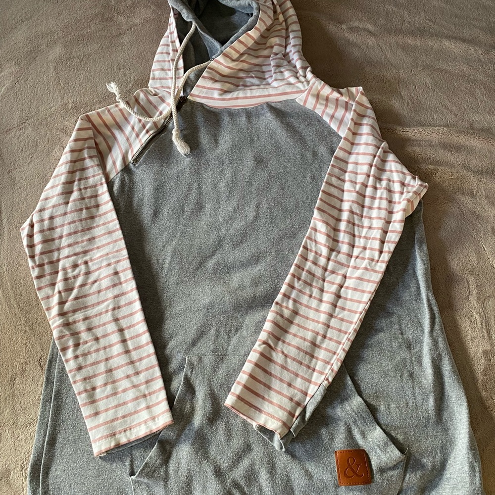 Gray and Pink Striped Hoodie